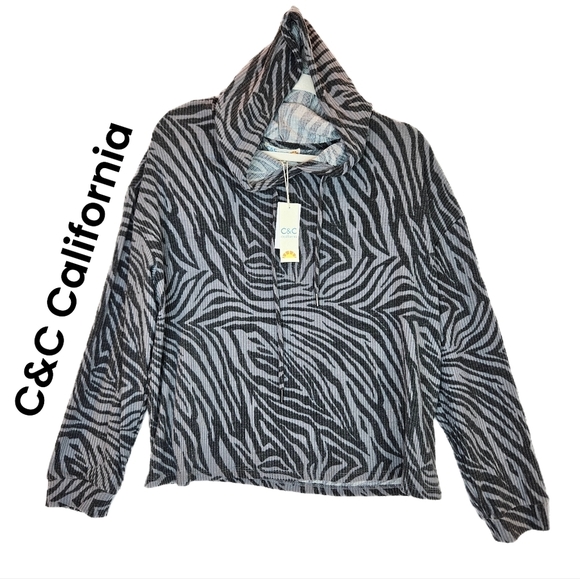 C&C California Womens Gray Zebra Print Hooded Shirt Sz XL Ribbed Super Soft - Picture 1 of 9